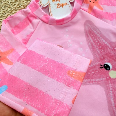 Linha Praia 3 Peças - Blusa Manga Longa Estrela do Mar, Short e Calcinha com Proteção UV50+ - Rosa